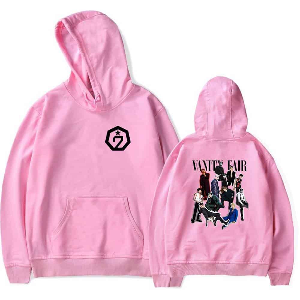 GZ logo pink hoodie with Vanity Fair illustration on back, casual streetwear for fans of fashion and pop culture.