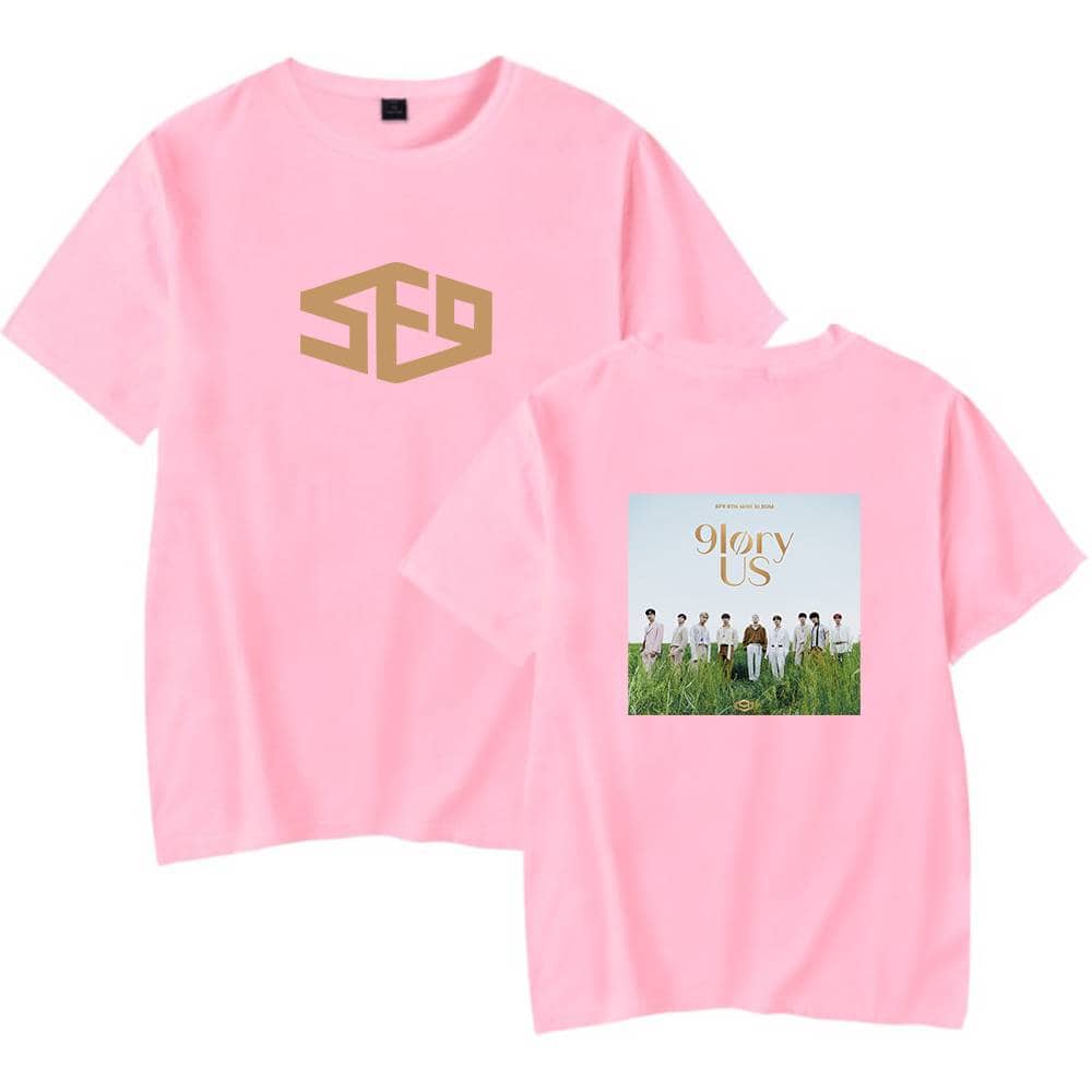S9 merch pink t-shirt with glory us design featuring a group photo and logo, perfect for fans of the band or artist.