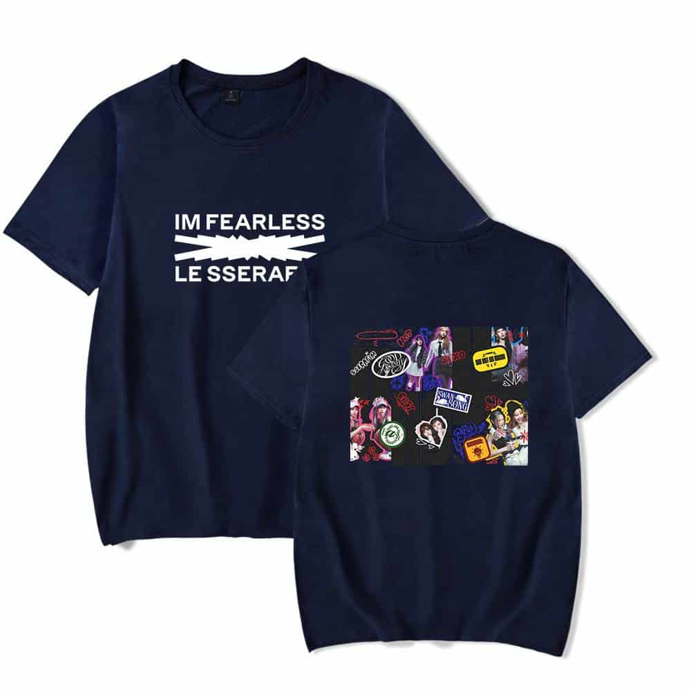 IM Fearless and Le Seraf printed graphic t-shirts in navy color, showcasing streetwear style with bold text and vibrant collage designs, perfect for casual wear and making a statement.