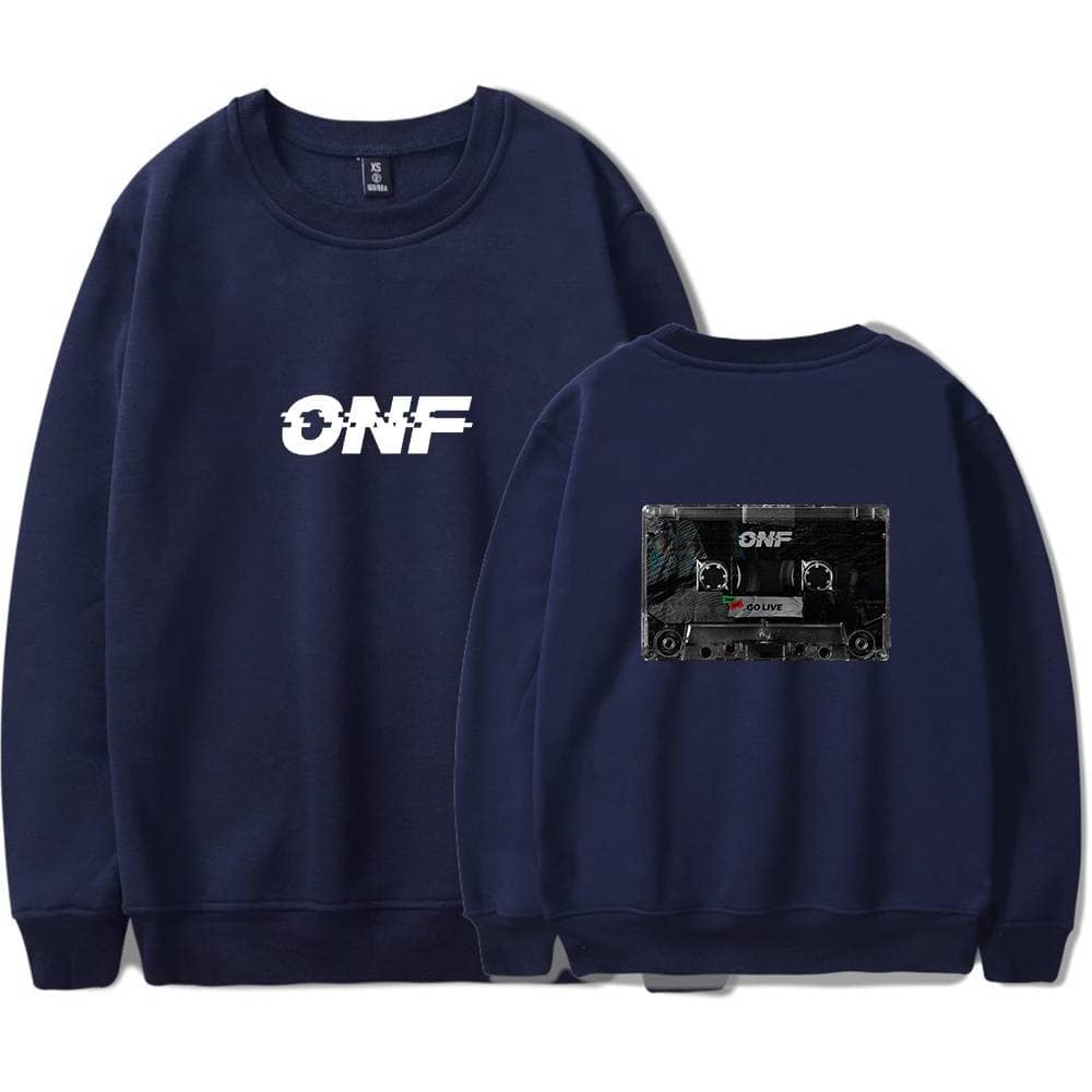 ONF logo sweatshirt with a tape cassette graphic on the back and a bold branding design on the front.