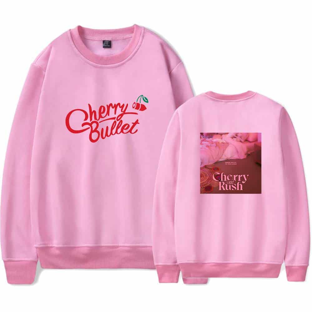 Cherry bullet pink sweatshirt with front logo and back album art print, casual fashion merchandise for fans, soft cotton material, unisex fit, trendy streetwear, music-inspired apparel, gift idea for Cherry Bullet fans, stylish and comfortable, youthful vibe, concert merchandise, pop idol merchandise, summer casual wear, collectible band merch, limited edition sweatshirt, vibrant pink color, music group merchandise, K-pop merchandise, aesthetic streetwear, trendy casual outfit, fan apparel, music band sweatshirt, youthful street style, trendy graphic sweatshirt, stylish fan merchandise, cozy casual wear, music fan gear.