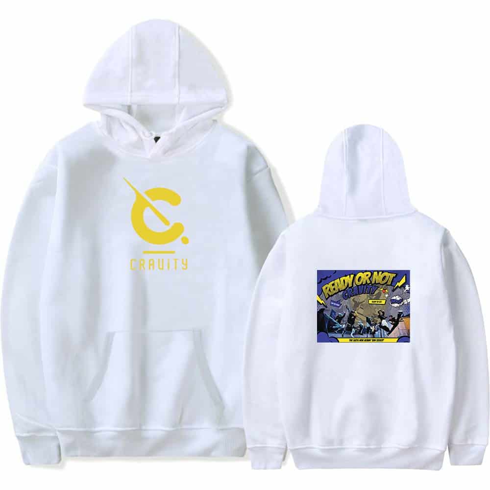 Crawity branded white hoodie featuring a yellow logo on the front and a colorful graphic on the back, perfect for casual wear and promoting the Crawity merchandise line.