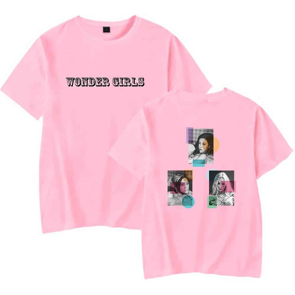 Wonder Girls pink T-shirt with graphic images of the band members and bold text. Perfect for fans of the K-pop group to showcase their style and musical love.