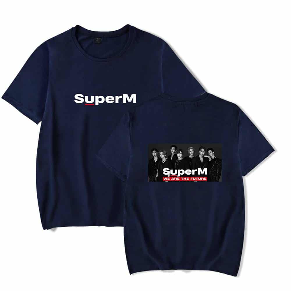 SuperM navy blue T-shirt featuring the band's logo and group photo with the slogan "We Are The Future" on the back, perfect for fans.