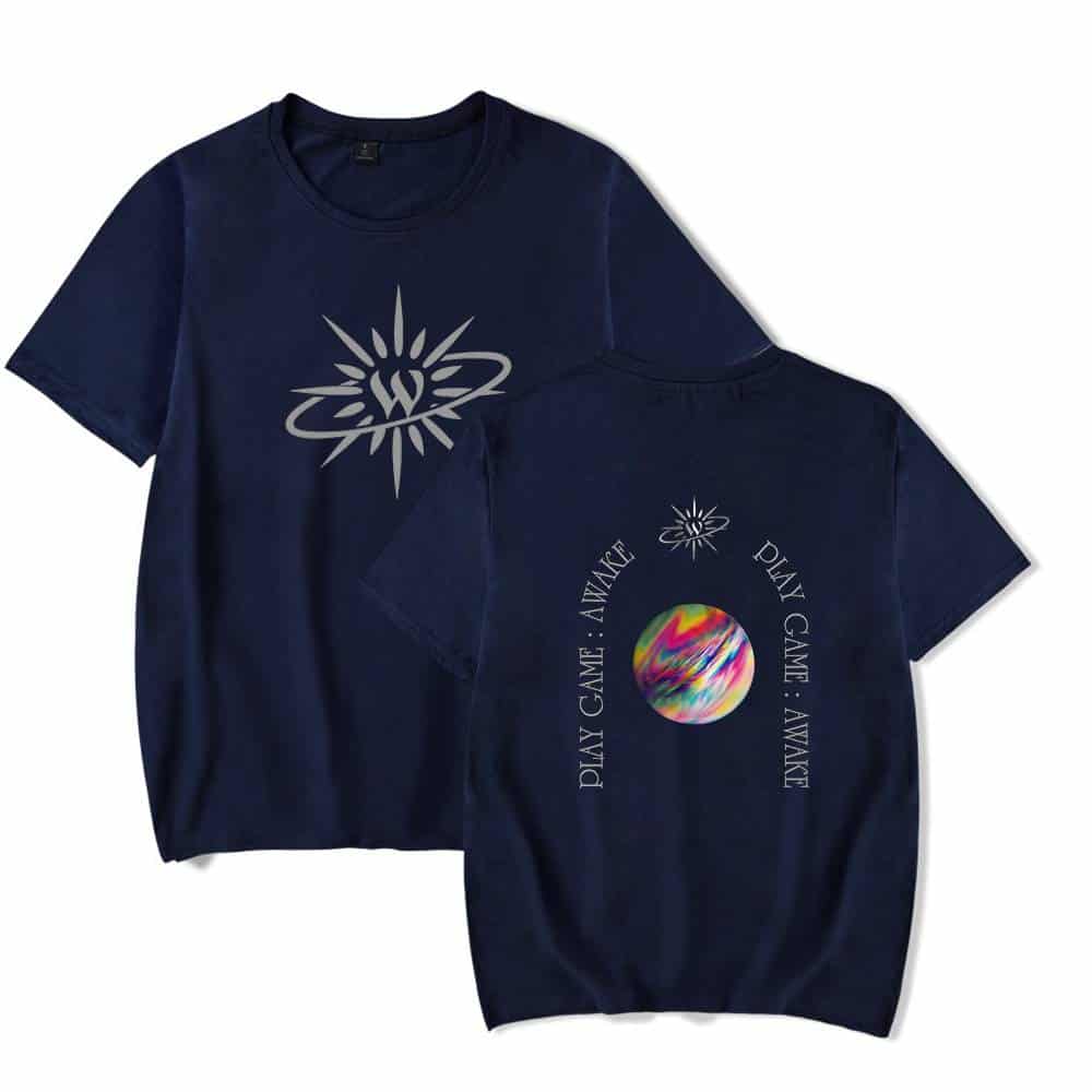 Space-themed graphic t-shirts featuring vibrant planets, cosmic designs, and playful text like "PLAY GAME: AVOID" and "STAY SAFE," perfect for casual wear or gaming fans.
