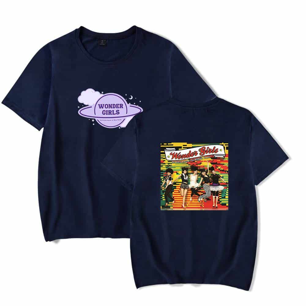 Wonder Girls band graphic t-shirt merchandise casual wear, featuring colorful album artwork print on navy blue fabric. Suitable for fans or casual fashion statements.