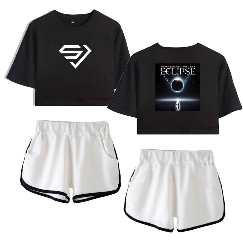 Super Junior M World Tour Eclipse black t-shirt and white shorts set, featuring space-themed print and logo design, perfect for fans and casual wear.