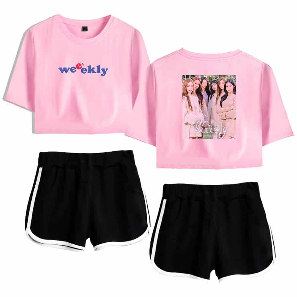 Blue and red "weekly" printed crop top t-shirt with a group photo on the back paired with black athletic shorts with white piping, casual merchandise for fans or team members.