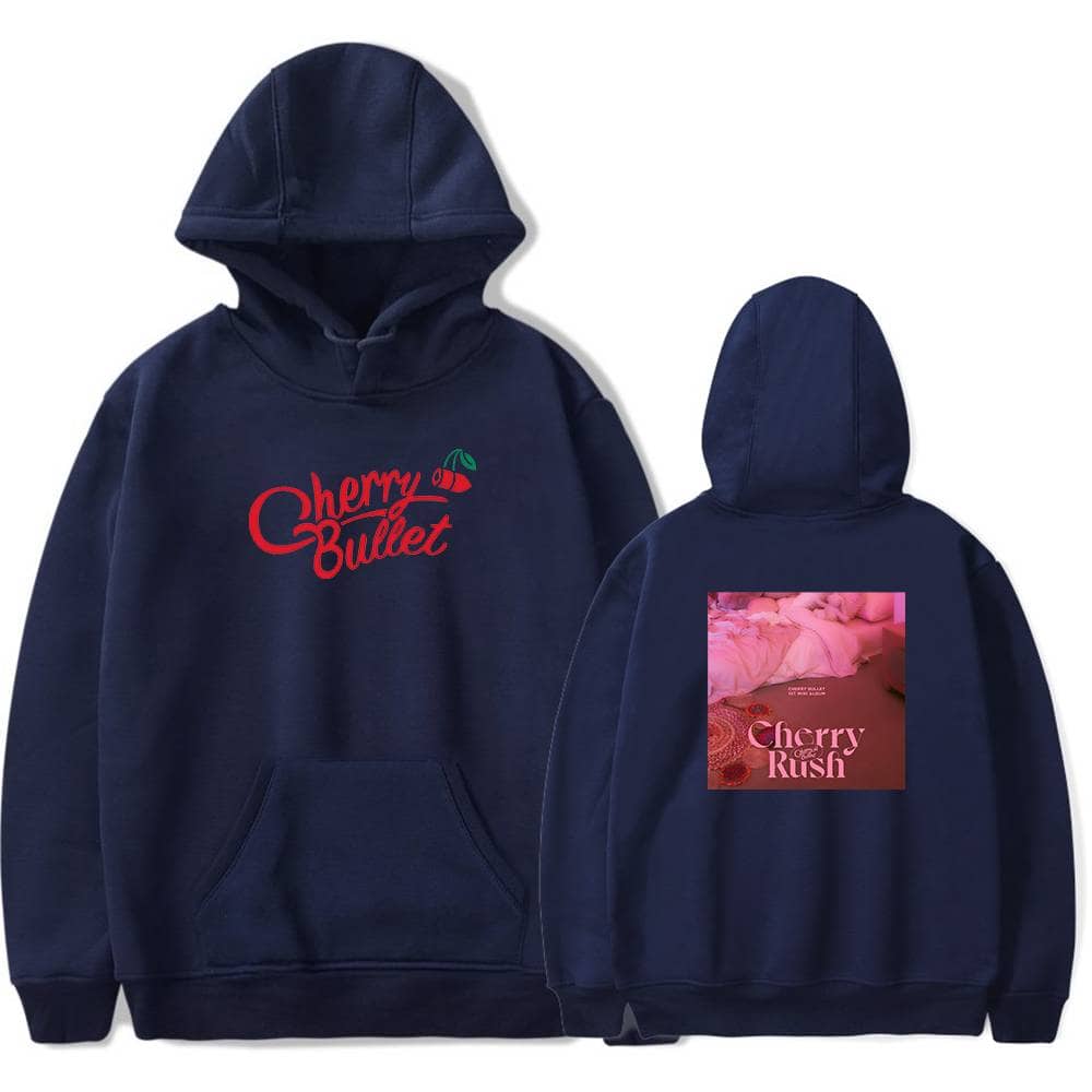 Cherry Bullet hoodie with front logo and back album artwork design, perfect for fans and casual wear. Made from comfortable material, featuring pink and red detailing, ideal merch for Cherry Bullet enthusiasts.