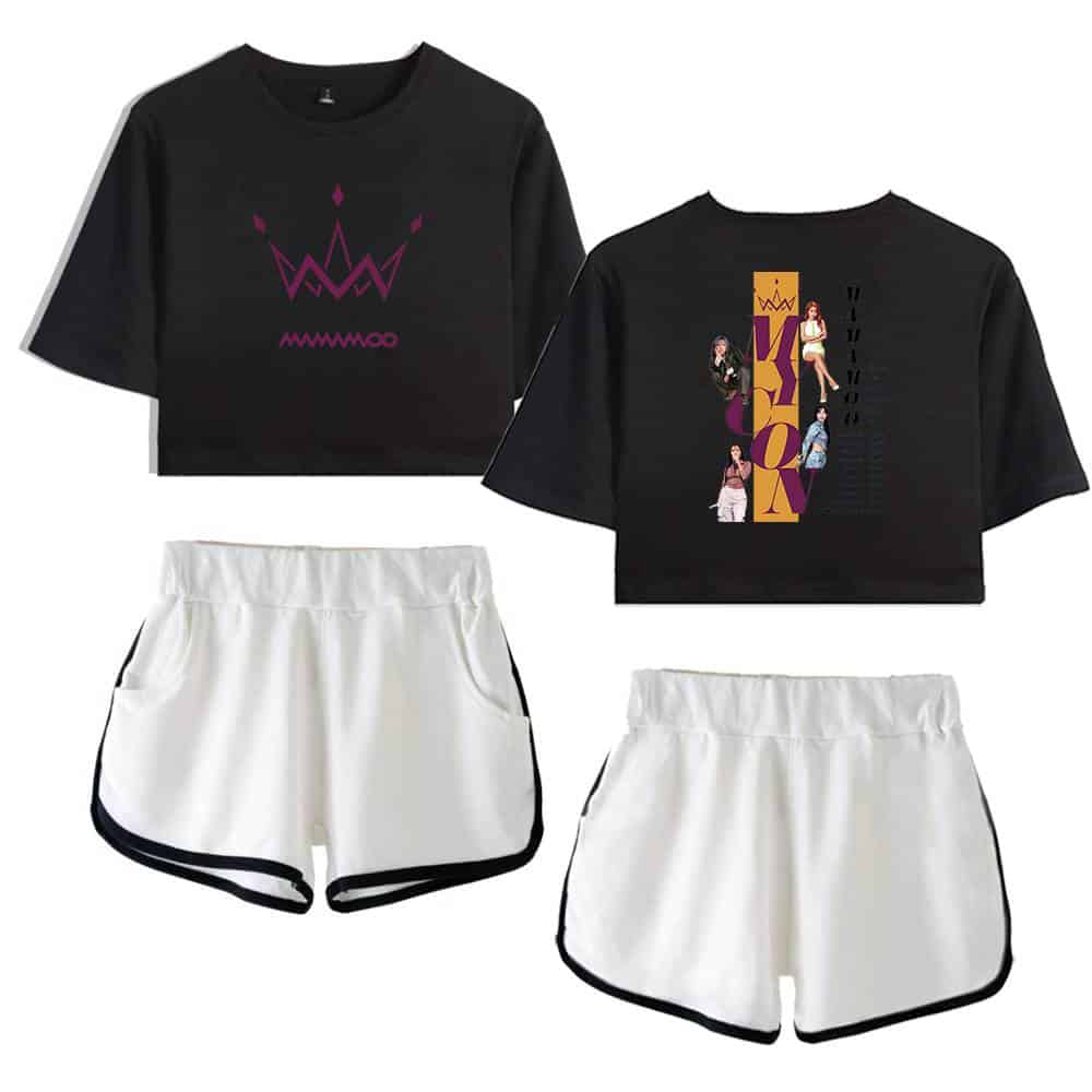 WOMOO women’s casual black graphic crop top and white athletic shorts set, trendy streetwear style, perfect for casual outings or workouts.