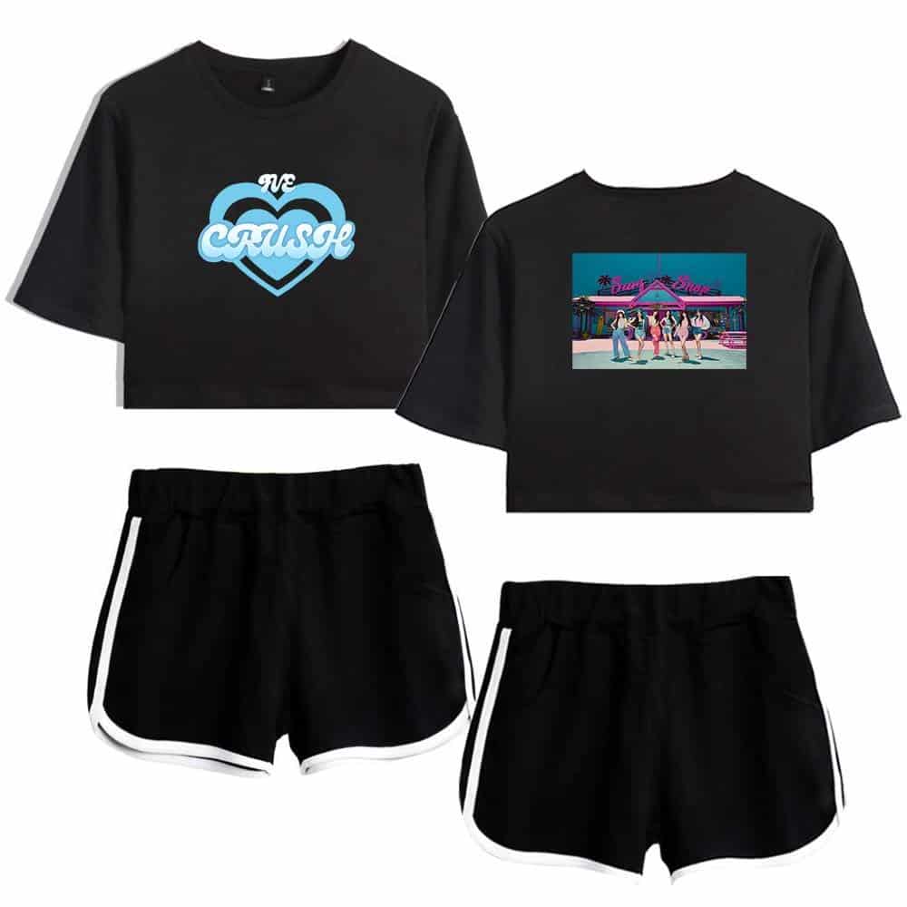 Cute coordinated group of young women wearing matching black crop tops and black athletic shorts with white trim, showcasing trendy summer casual wear.