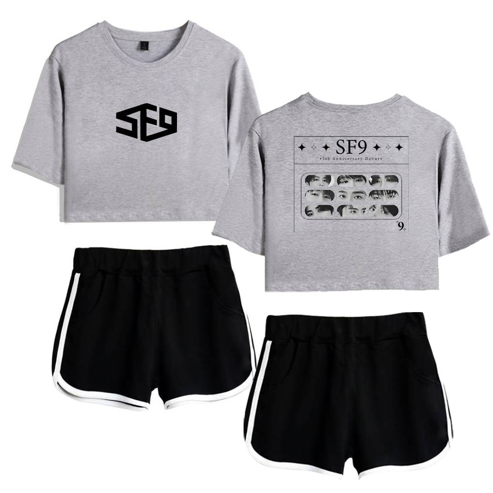 SF9 merchandise set including coordinated grey crop tops and black shorts with white trim, celebrating the group's 58th anniversary with graphic and logo designs. Perfect for fans and casual wear.
