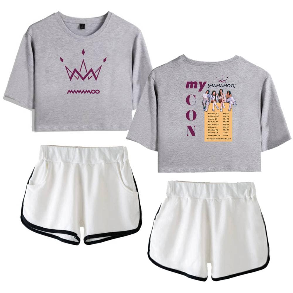 Pink crown graphic on a gray cropped sweatshirt, with a sponsor logo below.