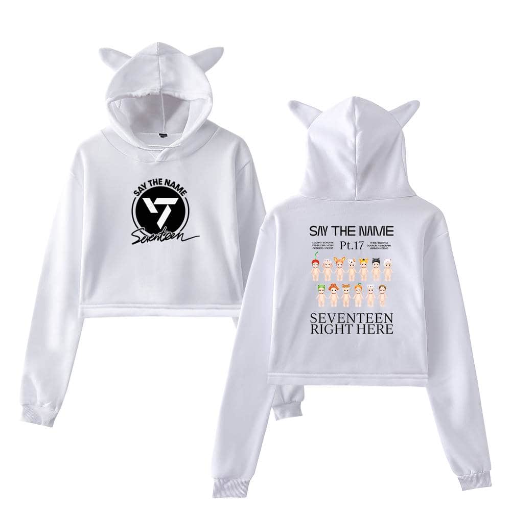 Seventeen themed white hoodie set with cute animal and pop art design, perfect for fans and collectors. Stylish, comfortable merchandise featuring "Say the Name" and "Seventeen Right Here" prints.
