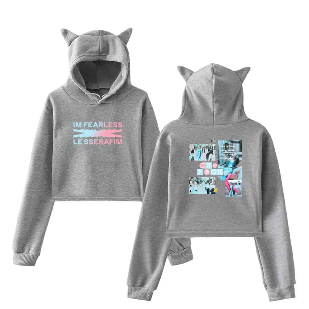 IM FEARLESS LESSER AFIM hoodie with cute cat ears on the hood, featuring pastel text.