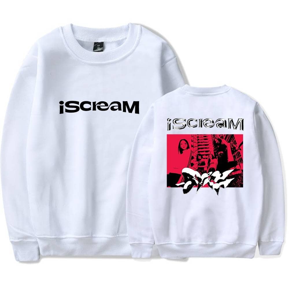 IScream white sweatshirt with bold logo on the front and a vibrant graphic print on the back featuring urban street art elements. Perfect for casual wear and music-inspired fashion statements.