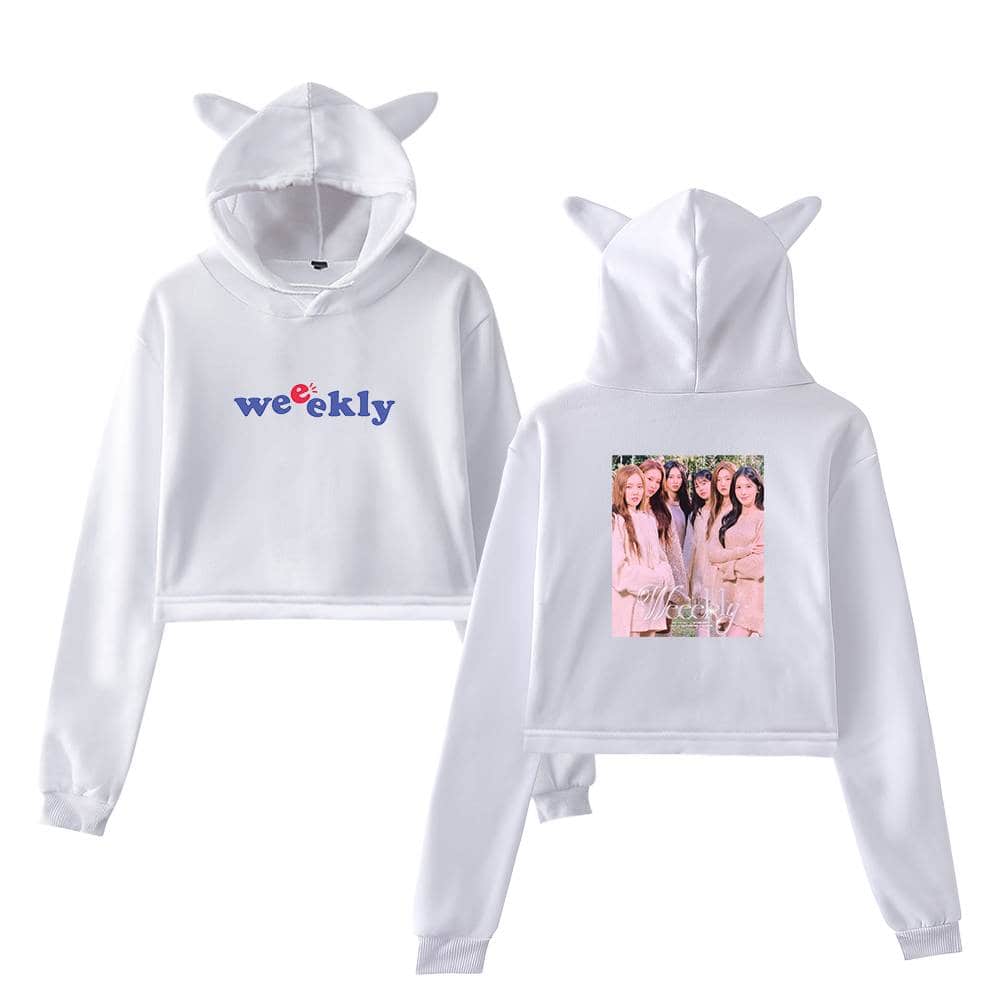 White hooded sweatshirt with unicorn horns featuring "weekly" logo on front and group photo on back, casual and trendy merch for fans and fashion enthusiasts, perfect for everyday wear or fan collection.
