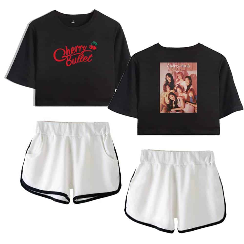 Cherry Bullet cropped t-shirts and athletic shorts set, featuring graphic and logo designs inspired by the K-pop girl group, perfect for casual and fan wear.