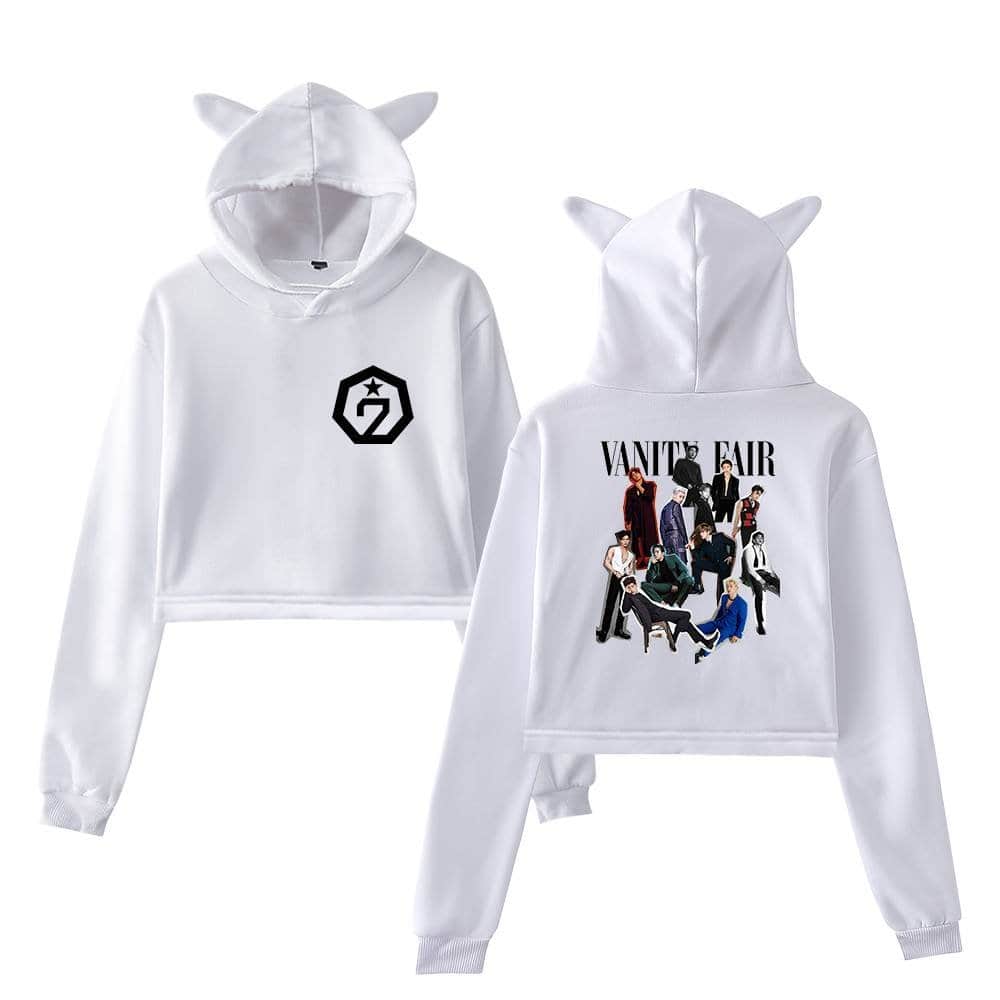 GOT7 merchandise hoodie set featuring a white cropped hoodie with GOT7 logo on the front and an oversized hoodie with GOT7 members and "VANT8E FAIR" printed on the back.
