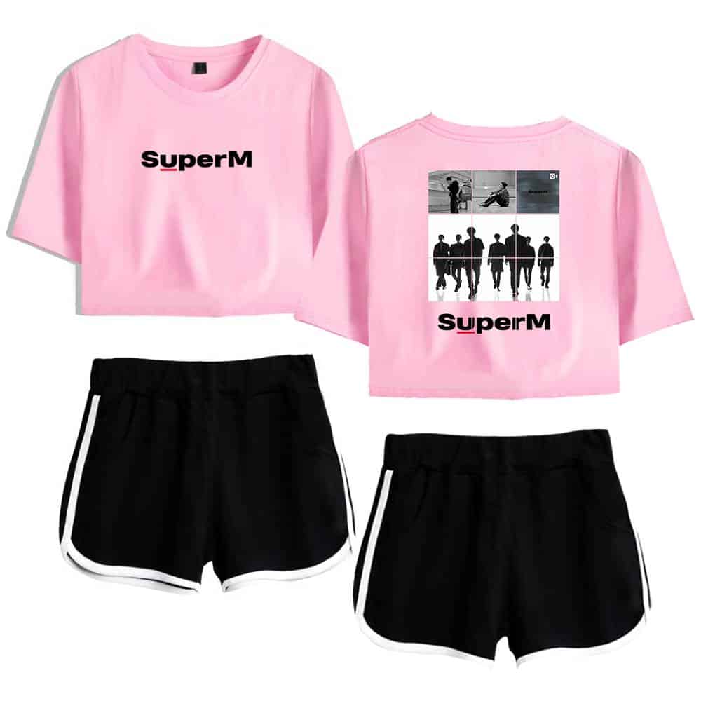 SuperM pink graphic t-shirt and black shorts set, perfect for casual wear and fans of the K-pop group. The front features the SuperM logo, while the back showcases a group photo design. Comfortable and stylish merchandise.