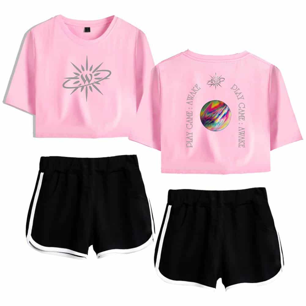 "Play Jane" graphic crop top and matching black athletic shorts with white trim, trendy casual outfit for activewear or streetwear style.