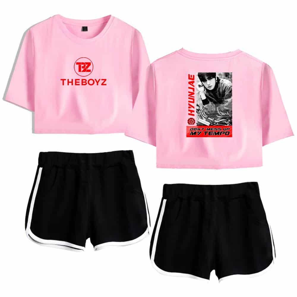 T-shirt and shorts set featuring "THEBOYZ" logo and a black-and-white photo of a performer, perfect for fans of K-pop and streetwear fashion. The pink top contrasts with the black shorts for a bold look.