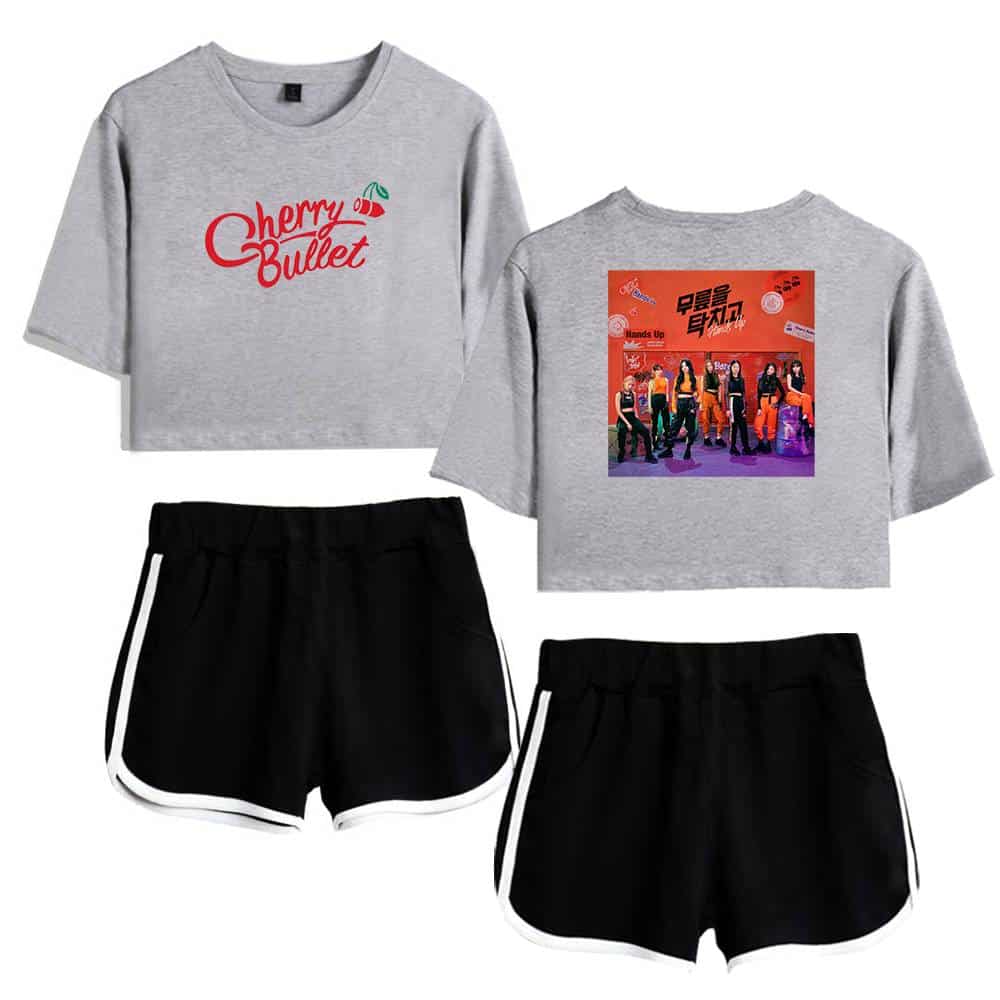 Cherry bullet crop top sweatshirt, K-pop girl group merchandise, casual streetwear style, comfortable fashion, fan apparel.
