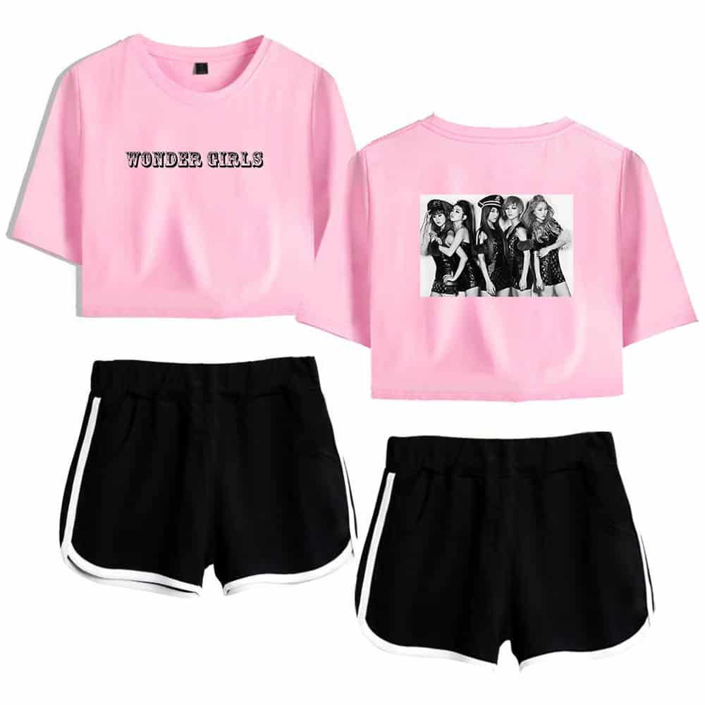 Wonder Girls pink crop top and black shorts set with the group’s photo printed on the back, perfect for casual wear and fan apparel.
