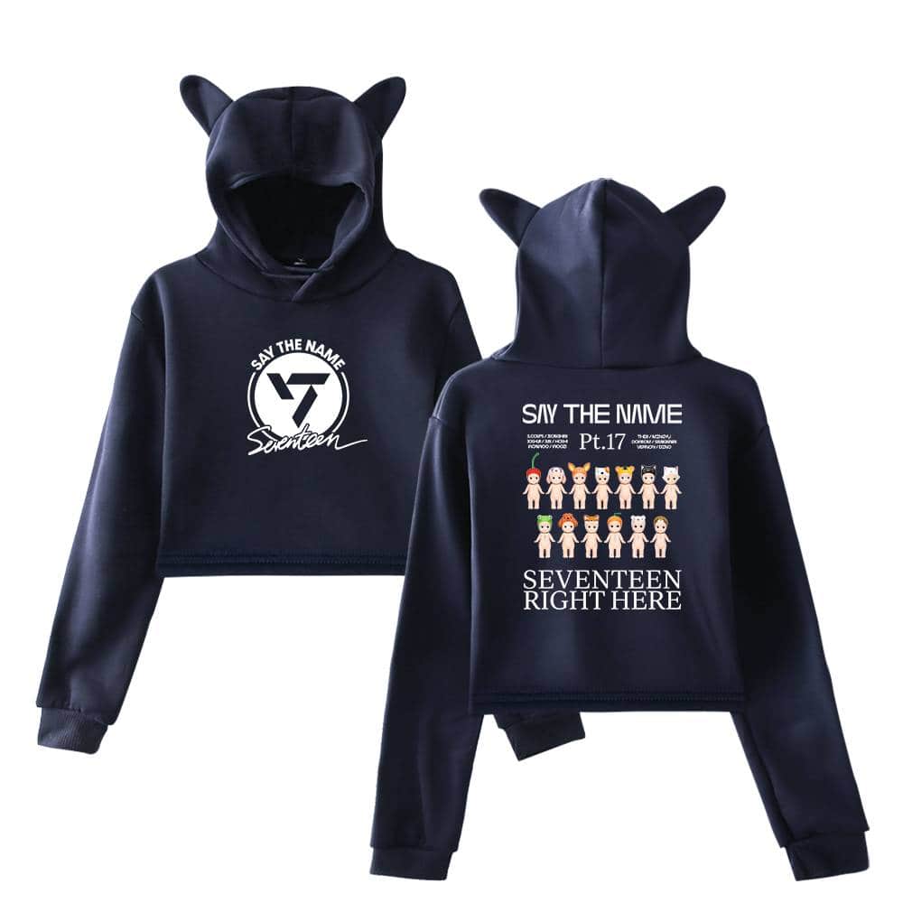 Sleek black hoodie for fans of the K-pop group SEVENTEEN featuring playful bear graphics and customizable text for a unique look. Perfect for casual wear and group spirit.