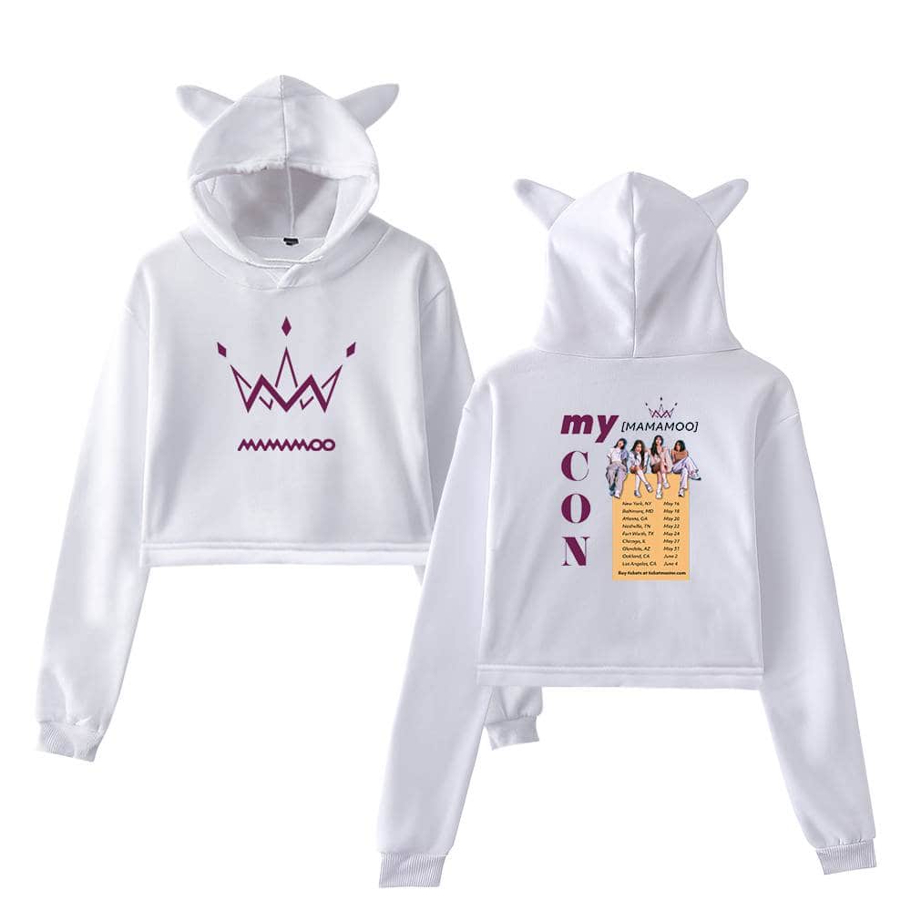 White hoodie with fox ears and crown design, K-pop merchandise inspired by Mamamoo, stylish and cozy streetwear for fans, perfect for casual wear or concerts.