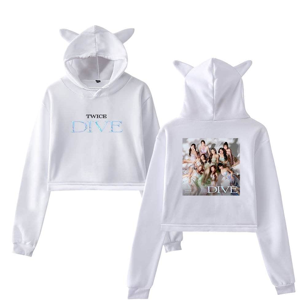 DIVINE TWICE hoodie set featuring a hood with animal ears, front "TWICE DIVE" embroidery, and a back print of the group TWICE; white soft fabric, casual and stylish merchandise.