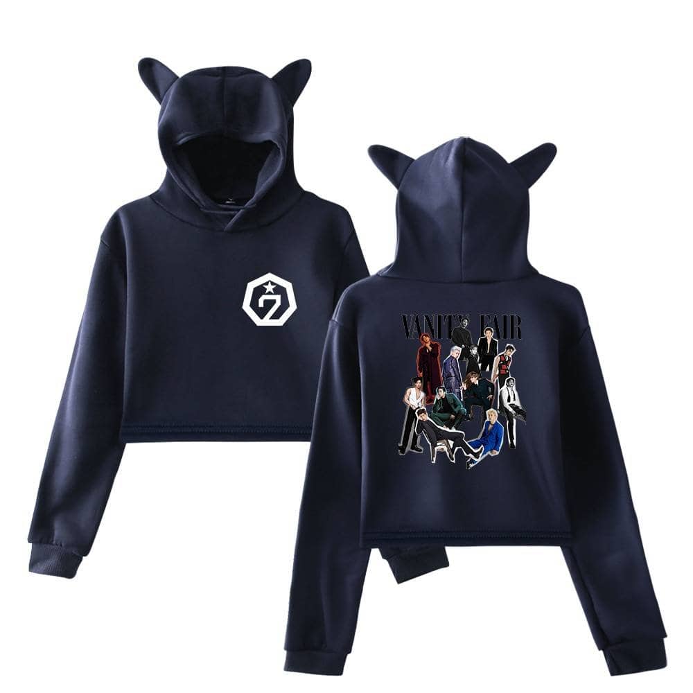 Black hoodie with a white star and "G" logo on the front, and a colorful graphic of a group of people with "VANTS FAIR" text on the back, designed for fans of the group.