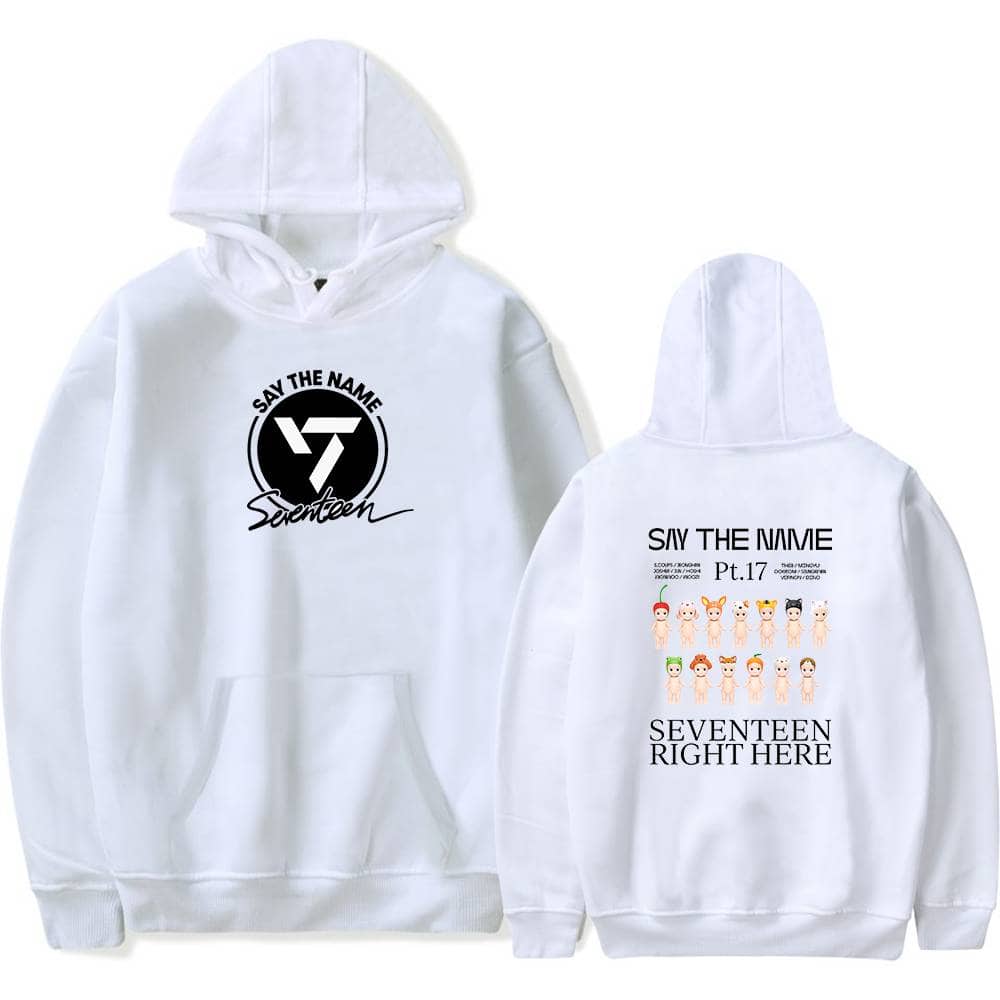 SIXTEEN merchandise hoodie with front and back designs featuring playful characters and bold text, perfect for fans and collectors.