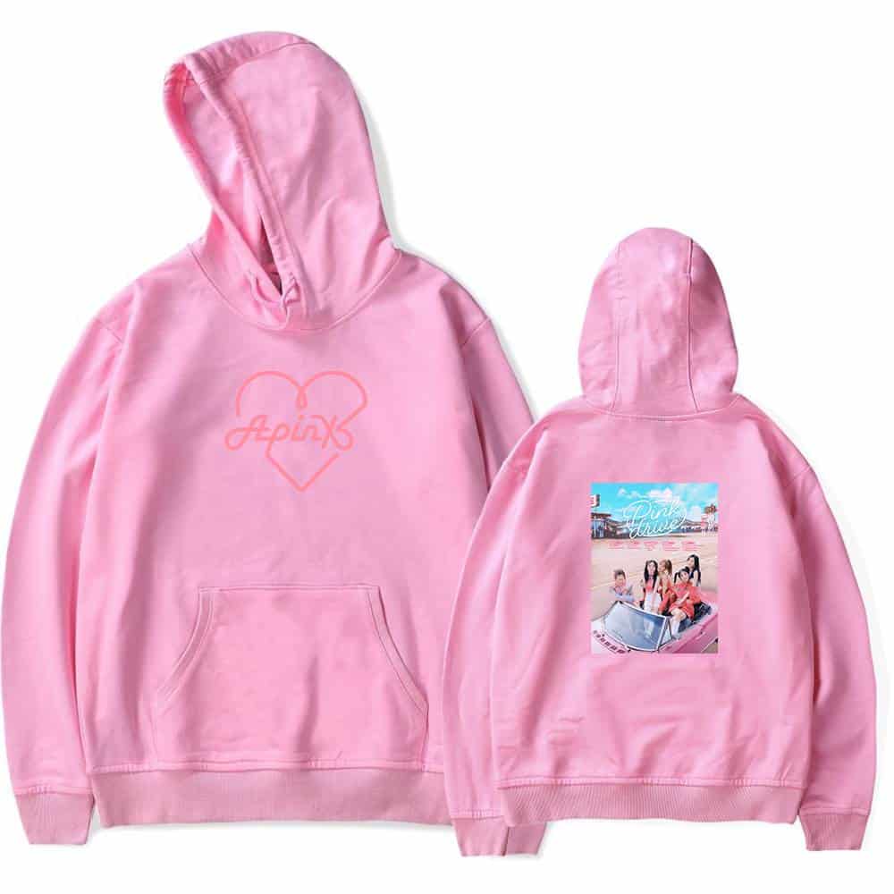 Pink hoodie with a heart-shaped "Hopix" logo on the front and a "Pink Drive" graphic with girls in a car on the back.