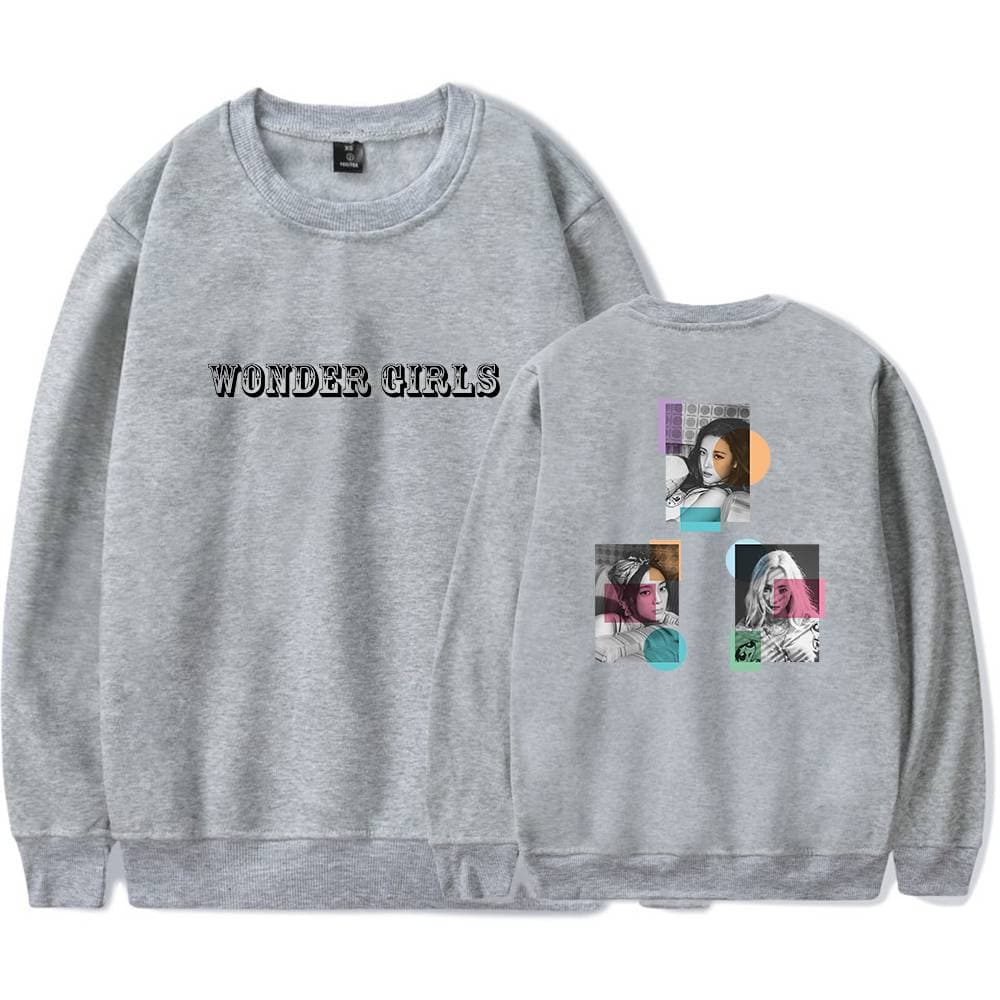 Wonder Girls sweatshirt with front text and colorful graphic back design. Perfect for fans of the popular girl group, offering a stylish casual look. Made of comfortable, high-quality fabric.