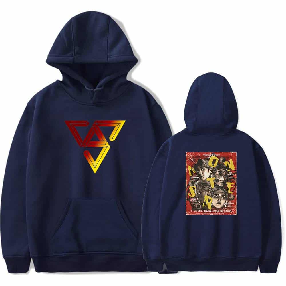 Vaporwave hoodie with geometric triangle logo on front and collage-inspired graphic on back, featuring black and red tones. Perfect streetwear apparel for fans of modern pop art.