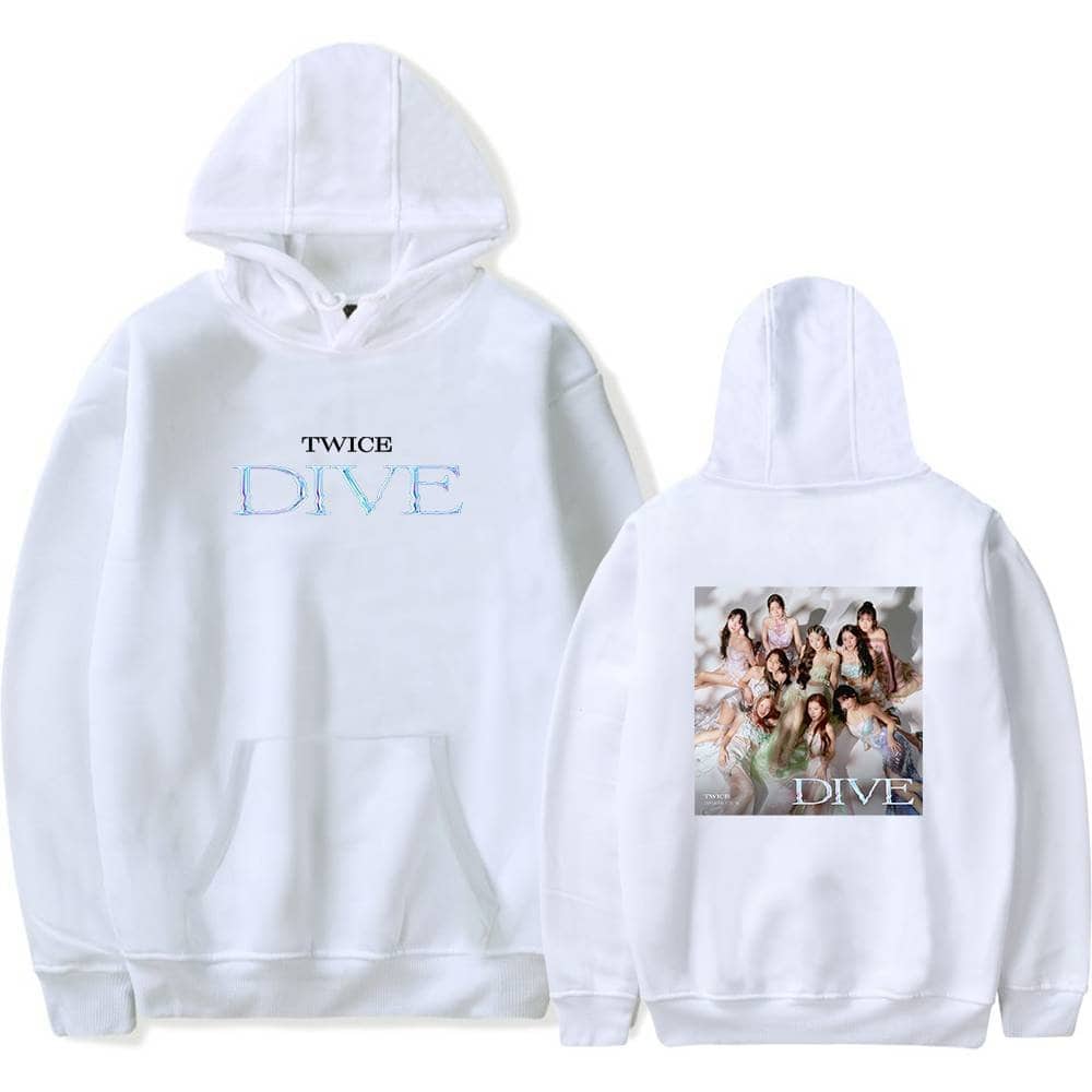 Twice dive hoodie with group photo and text design, white sweatshirt, K-pop merchandise, casual streetwear, fan apparel.