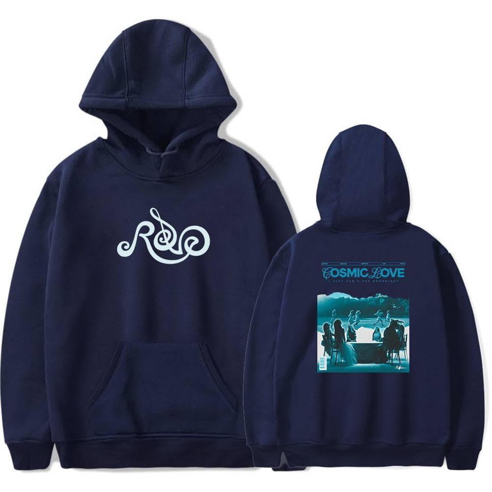 Cosmic love hoodie with artwork and design elements, navy blue color, suitable for casual wear and music fans.