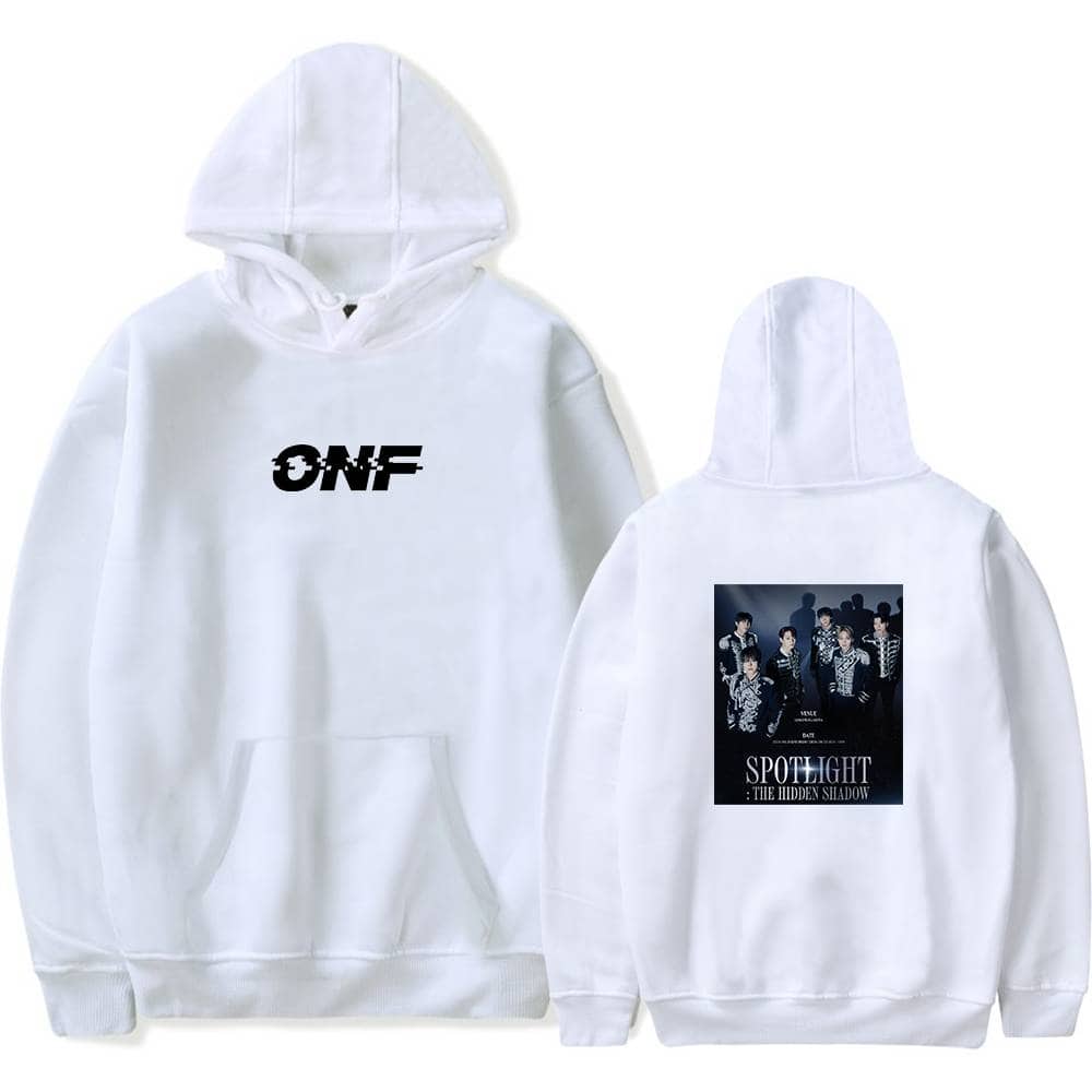 ONF white hoodie with front logo and back poster design.
