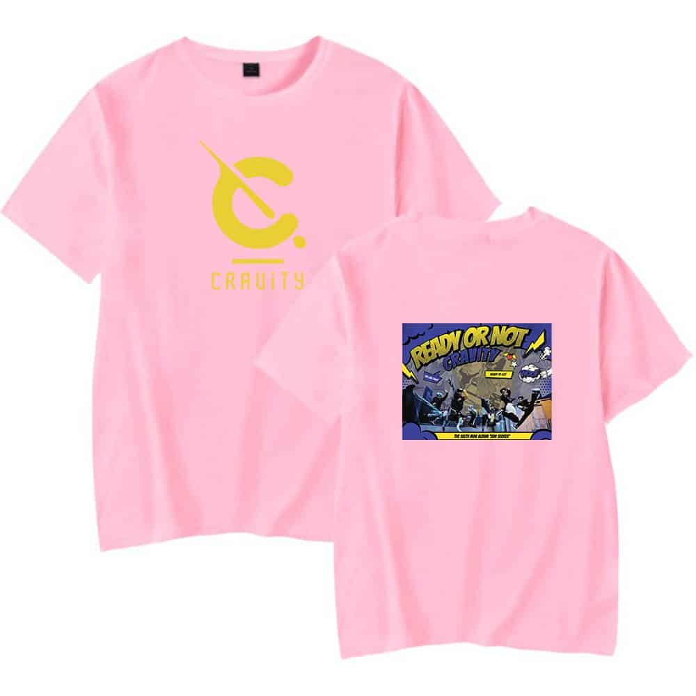 Cravity pink graphic t-shirt, front and back designs, featuring a music band-inspired artwork and logo, casual streetwear style, perfect for fans and fashion enthusiasts.