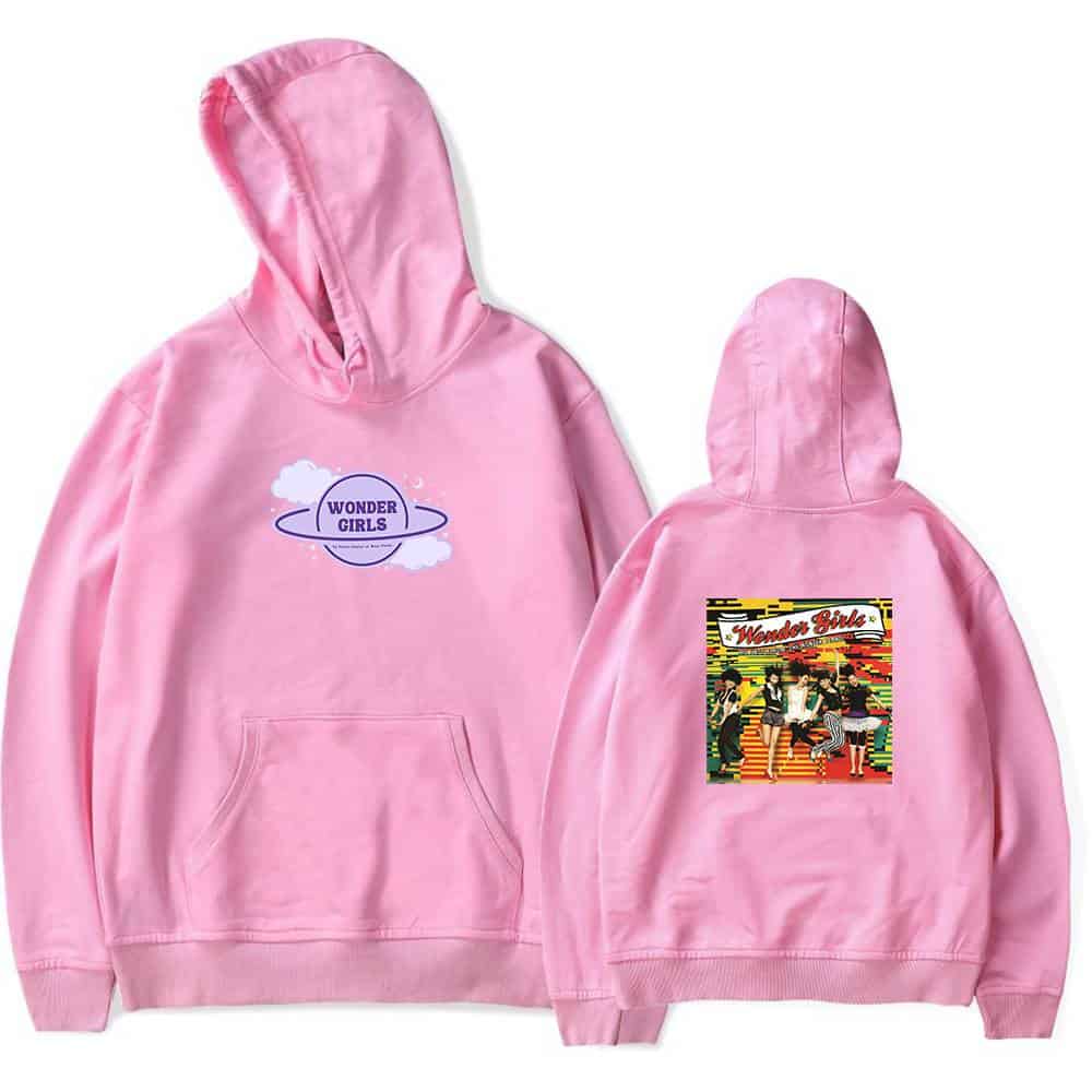 Wonder Girls pink hoodie with front "Wonder Girls" logo and back group graphic print, casual streetwear merchandise for fans.