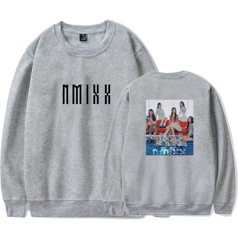 NMIXX girl group merchandise sweatshirt featuring group photo on back and logo on front, perfect for fans.