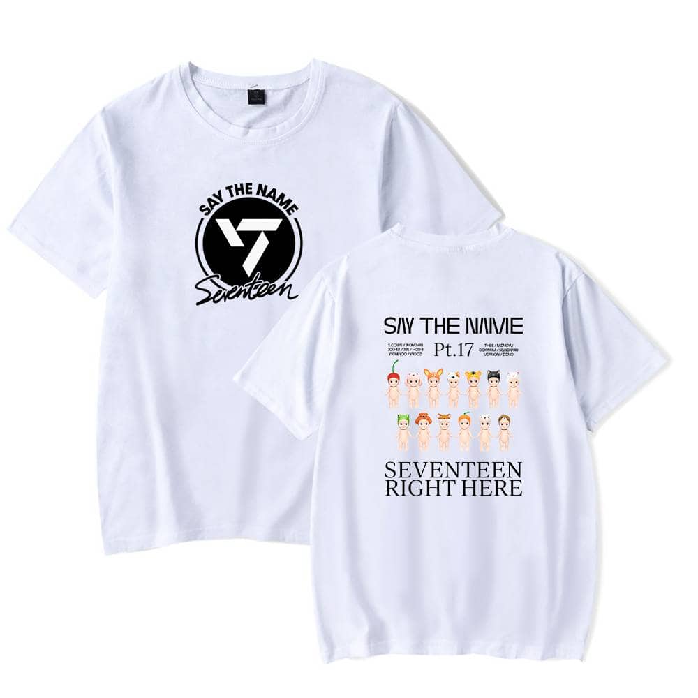 Say the name seventeen t-shirt design with cartoon characters and text, casual merchandise.