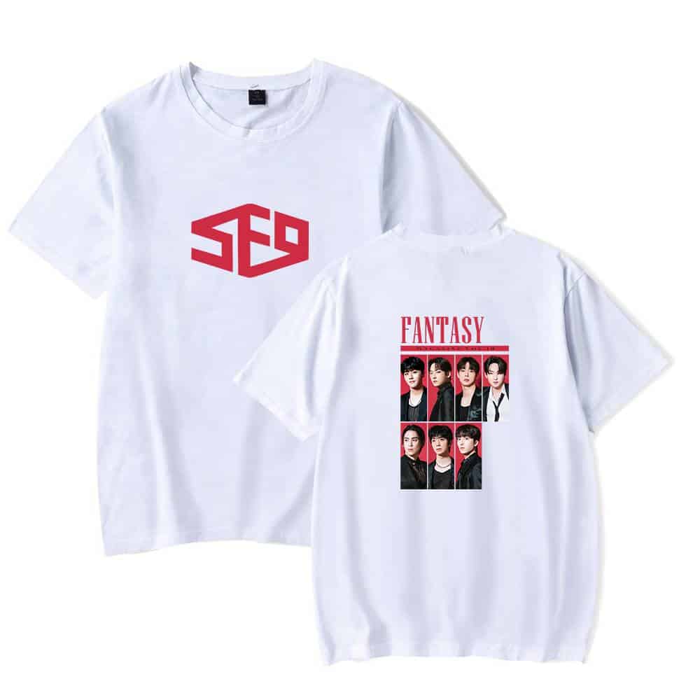 ST6 white graphic t-shirt featuring a bold logo on the front and a photo collage of six young men with "FANTASY" text on the back, perfect for fans of pop idols.