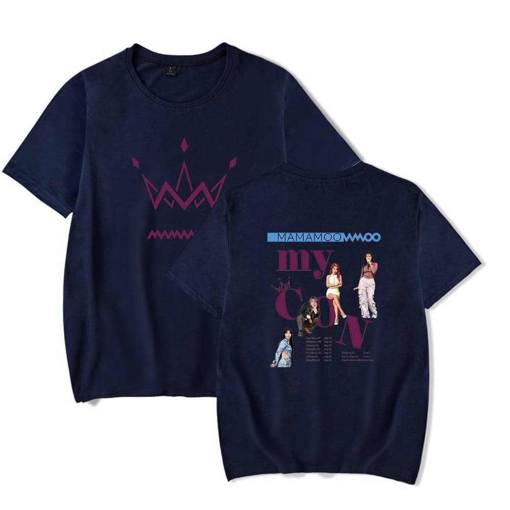 Vivid navy blue t-shirt featuring MAMAMOO members with a pink crown graphic and the group's name, perfect for K-pop fans. Unisex fit, casual and stylish merchandise for concerts or everyday wear.