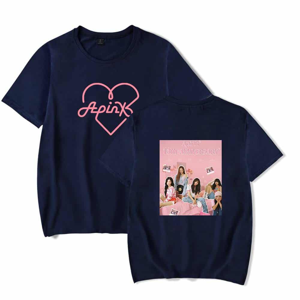 Pink neon heart with "Apink" text on the front, and a group photo of the girl group Apink celebrating their 13th anniversary on the back, designed as fandom merchandise.