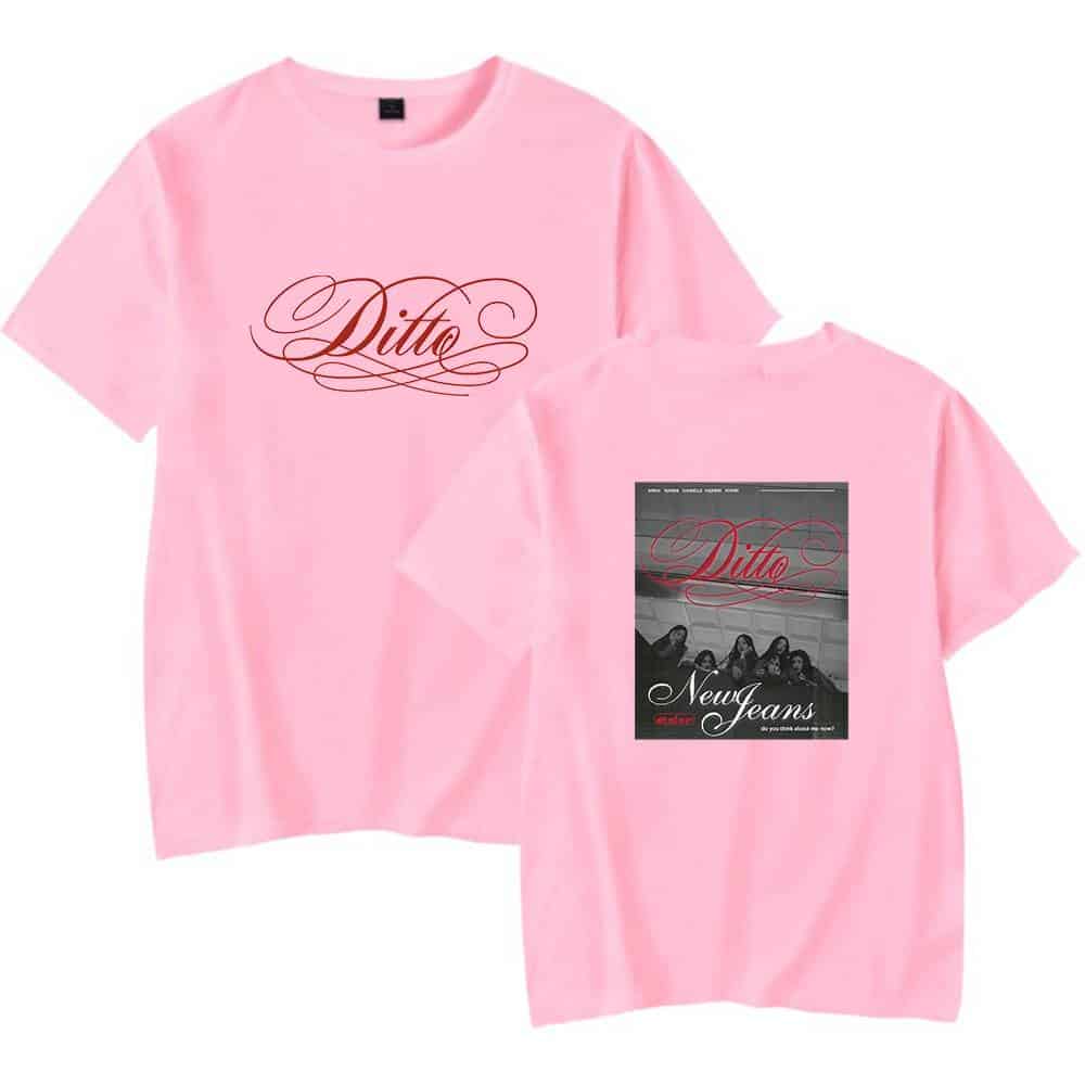 Ditto pink T-shirt with logo and magazine cover design featuring a black-and-white photo.