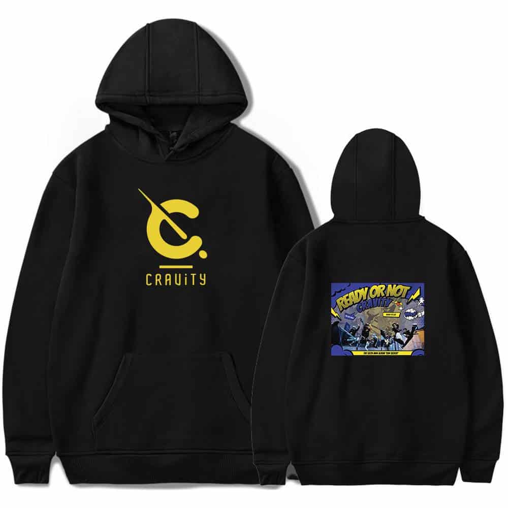 Crawly hoodie front and back design, black with yellow graphic and vibrant cartoon back illustration, streetwear style, casual hoodie merchandise, youth fashion; perfect for fans of bold graphics and comic-themed apparel.