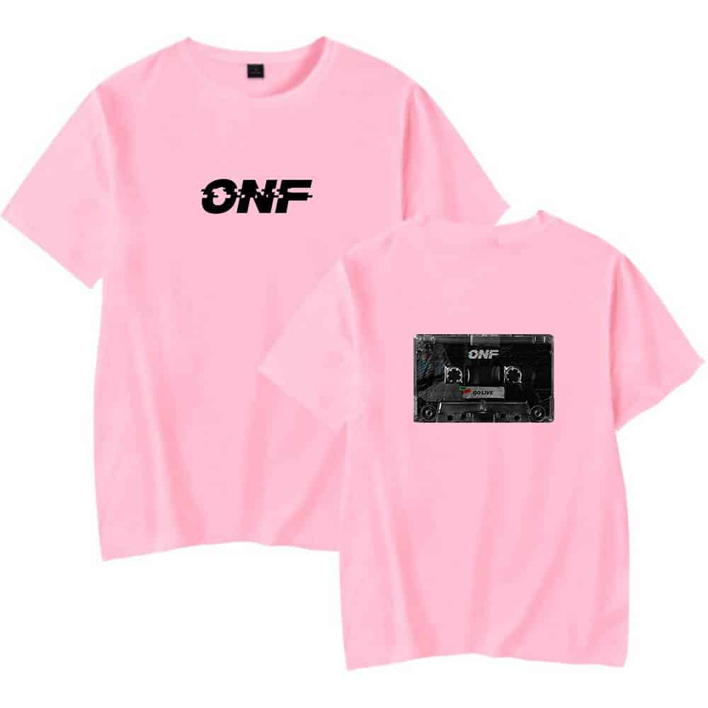 ONF pink graphic t-shirt with bold black text design.