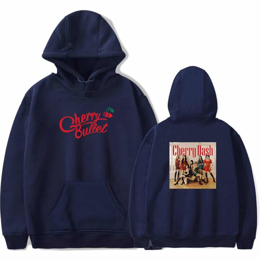 Cherry Bullet hoodie in navy blue with front and back graphic designs, featuring the group's name and a photo of the members, perfect for passionate fans and casual wear.